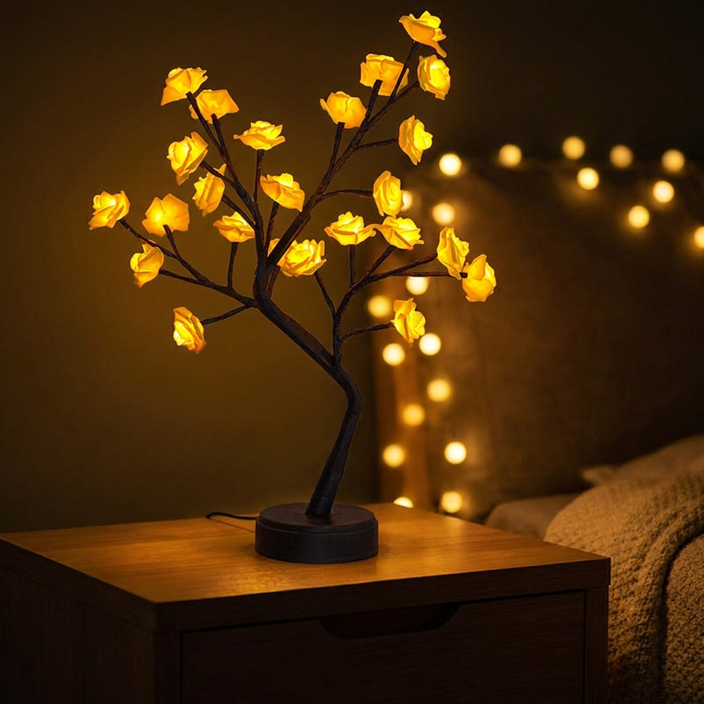 Glowspective Rozenboom Lamp op een nachtkastje in een donkere kamer met warme bokeh-lichtjes