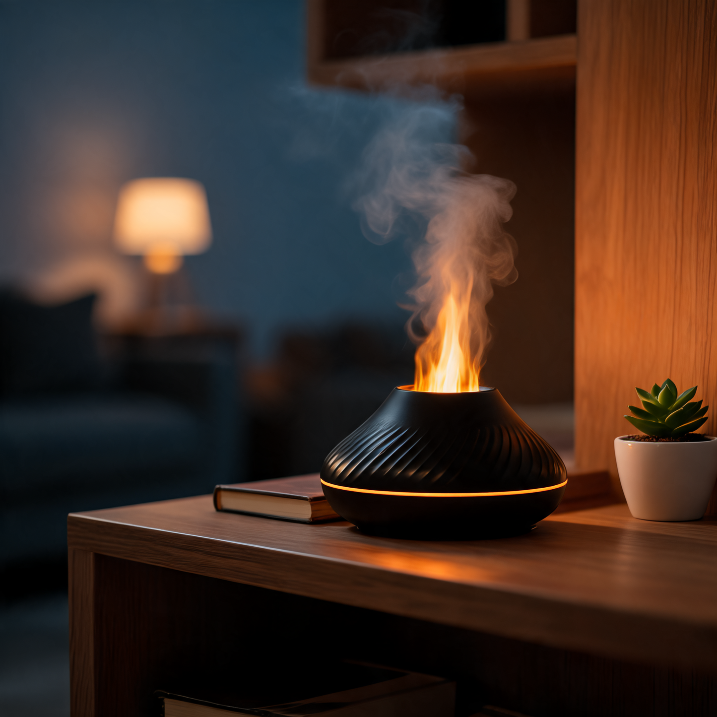 Glowspective Flame Aroma Diffuser met vlameffect in sfeervolle woonkamer