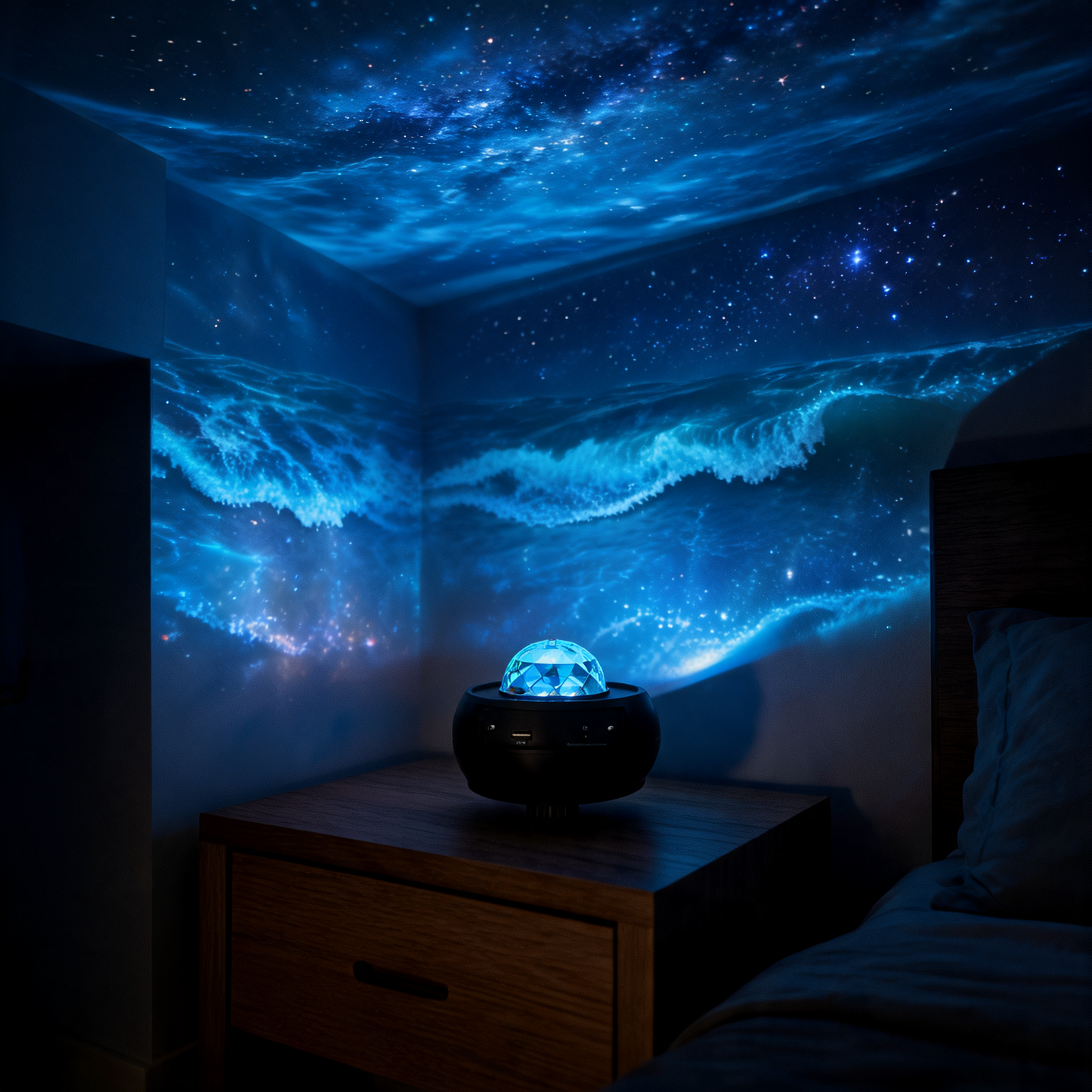 Glowspective Ocean Star Projector met oceaangolven en sterren op plafond