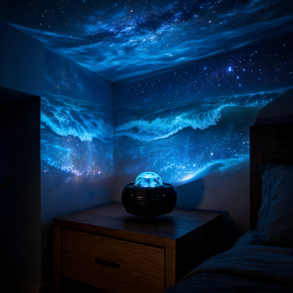Glowspective Ocean Star Projector met oceaangolven en sterren op plafond