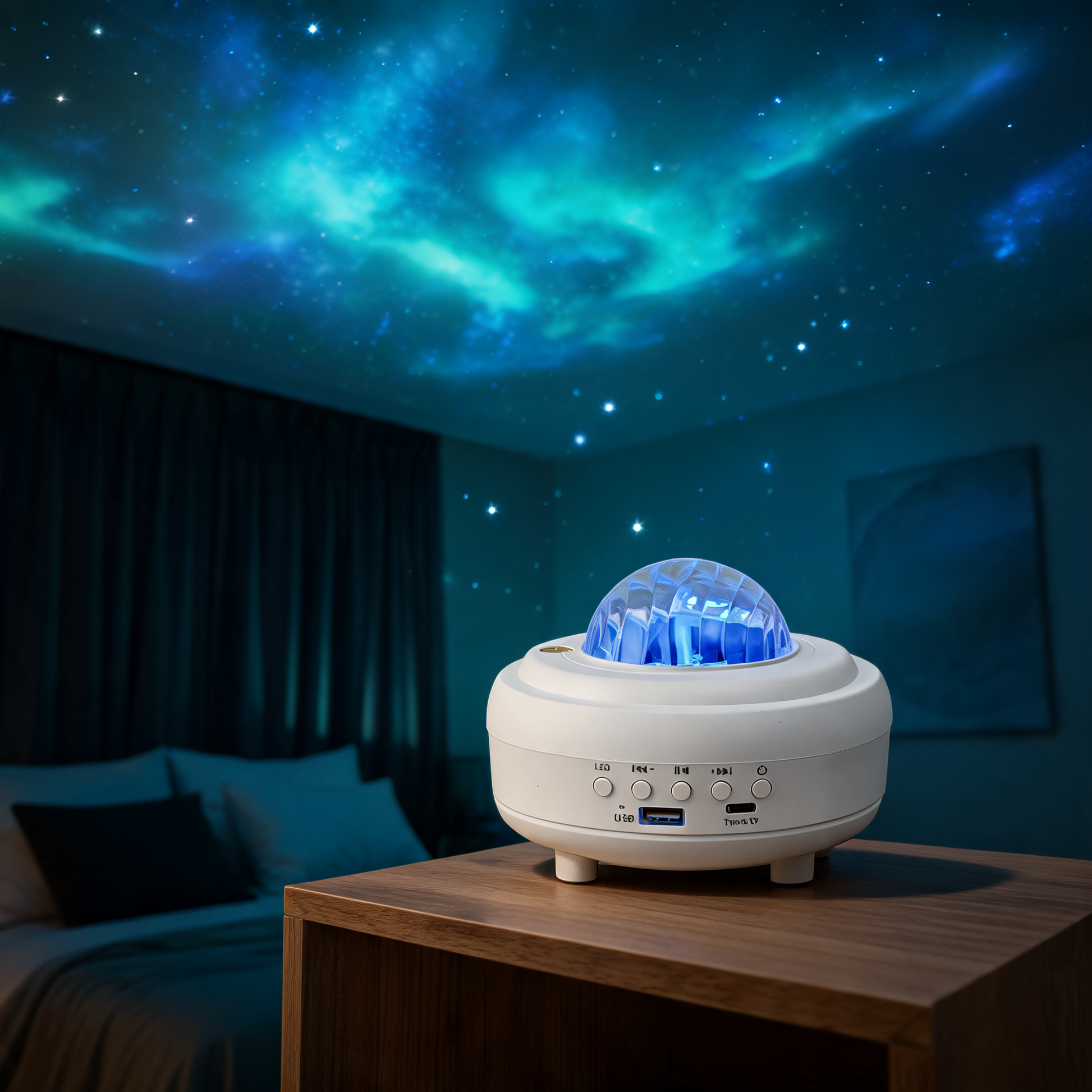 Glowspective Galaxy Bluetooth Projector met sterren en nevel op plafond