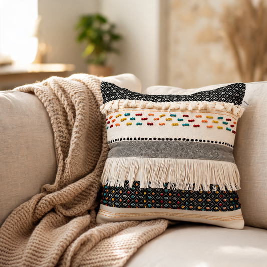 Glowspective Boho Sierkussenhoes – Handgeweven met Kwastjes