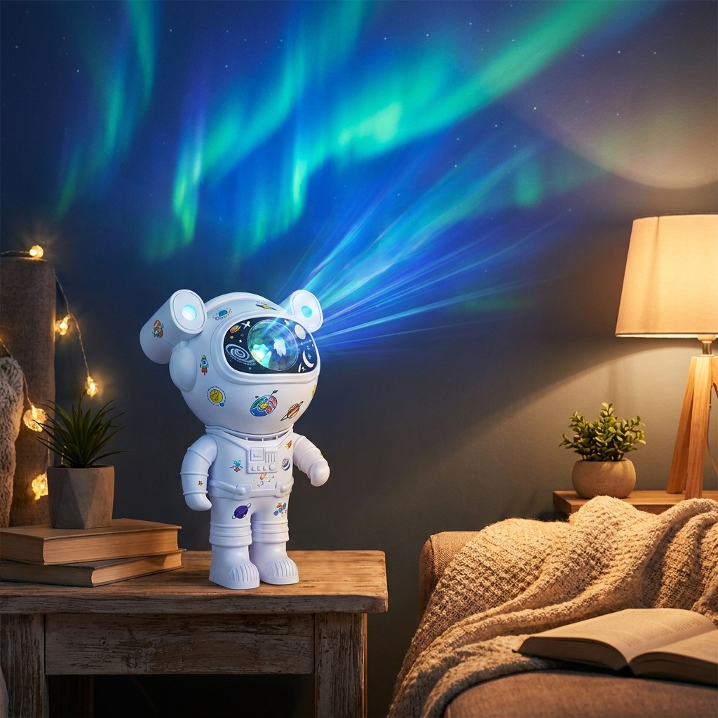 Glowspective Aurora Astronaut Projector projecteert noorderlicht in een donkere slaapkamer