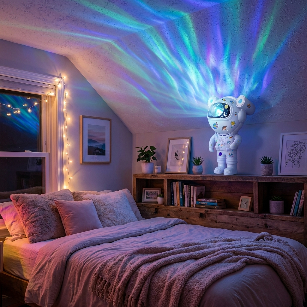 Aurora Astronaut Projector met blauw-groen-paarse aurora op het plafond