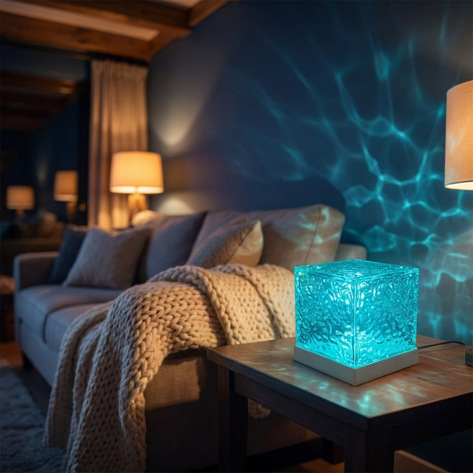 Glowspective Ripple Lamp met blauw watergolven-lichteffect in een donkere gezellige woonkamer