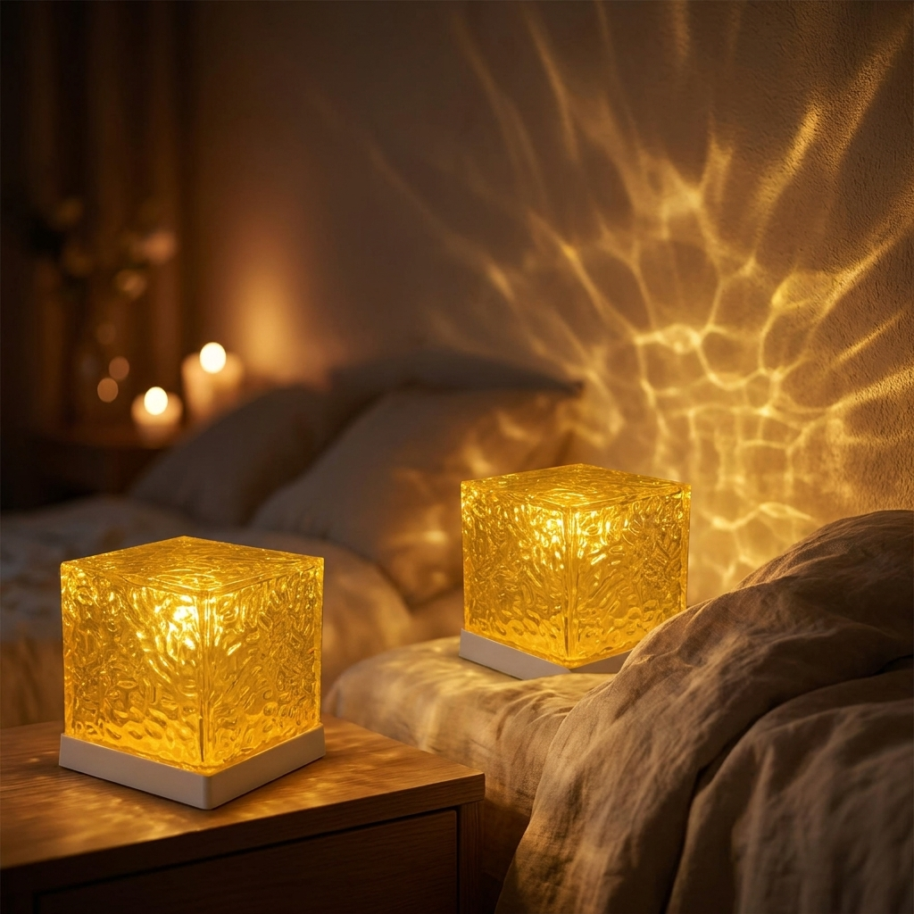 Glowspective Ripple Lamp met warm gouden watereffect op een nachtkastje in de slaapkamer
