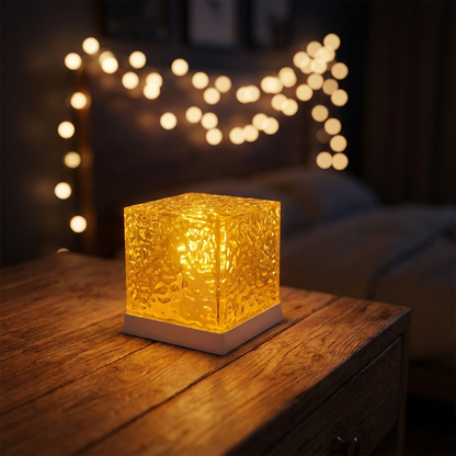 Glowspective Ripple Lamp op een nachtkastje in een donkere kamer met zachte bokeh