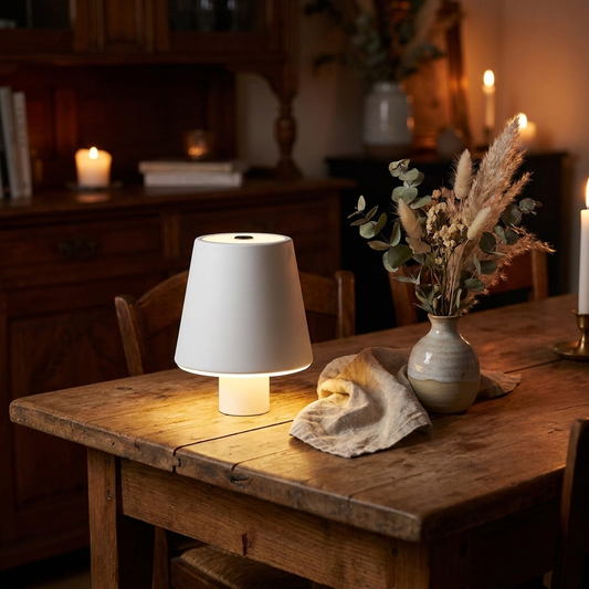 Glowspective Mushroom Lamp met warme gloed op een houten eettafel in een donkere gezellige kamer