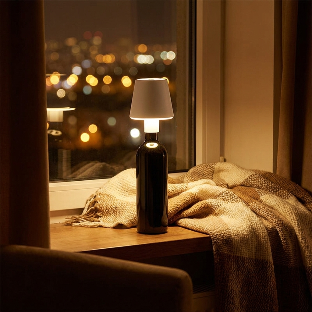 Glowspective Mushroom Lamp op een fles bij het raam in een donkere woonkamer