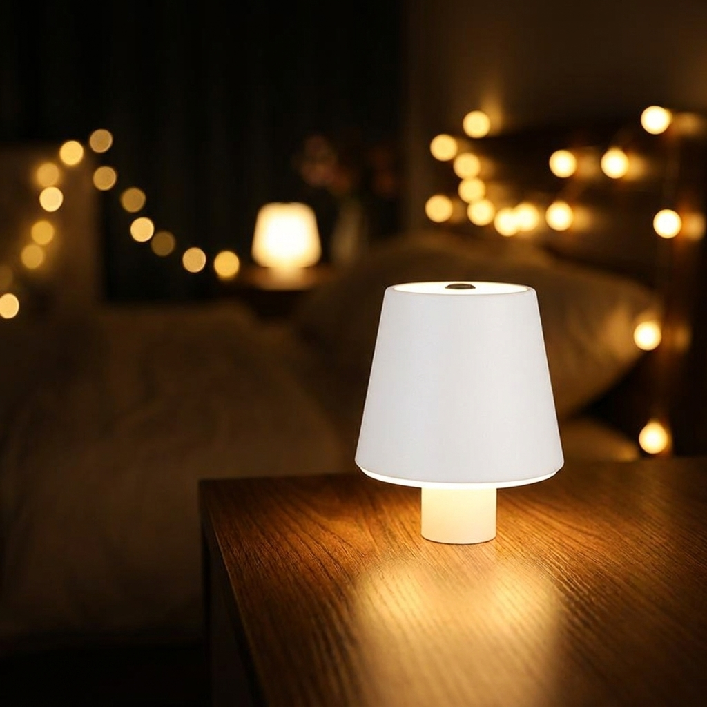 Glowspective Mushroom Lamp op een nachtkastje in een donkere slaapkamer met zachte bokeh