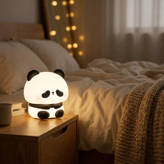 Glowspective Panda Nachtlampje brandend op een nachtkastje in een donkere, gezellige slaapkamer