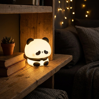 Glowspective Panda Nachtlampje met warm licht op een houten plank naast boeken en een plantje