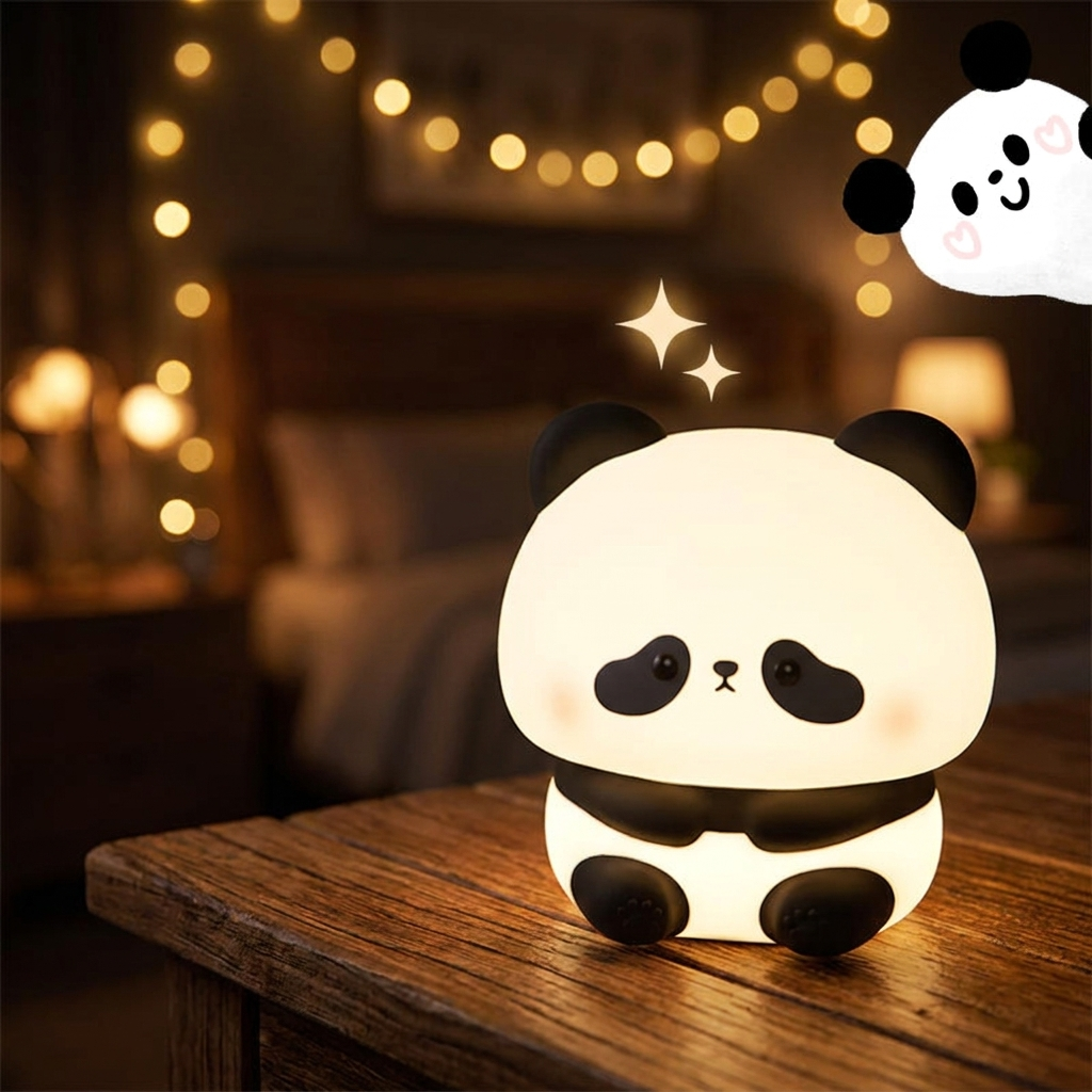 Glowspective Panda Nachtlampje op een nachtkastje in een donkere slaapkamer met warme bokeh-lichtjes