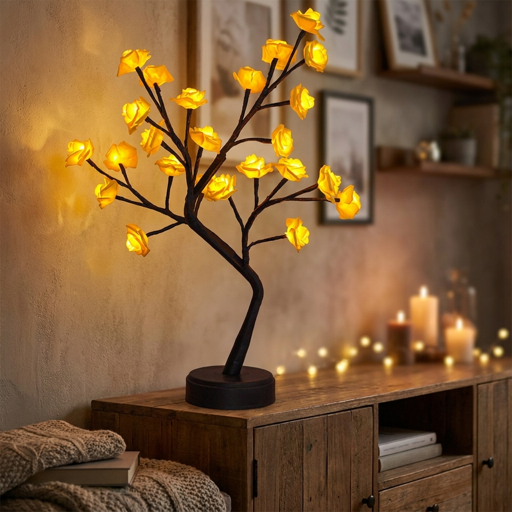 Glowspective Rozenboom Lamp brandend op een houten dressoir in een donkere, gezellige woonkamer