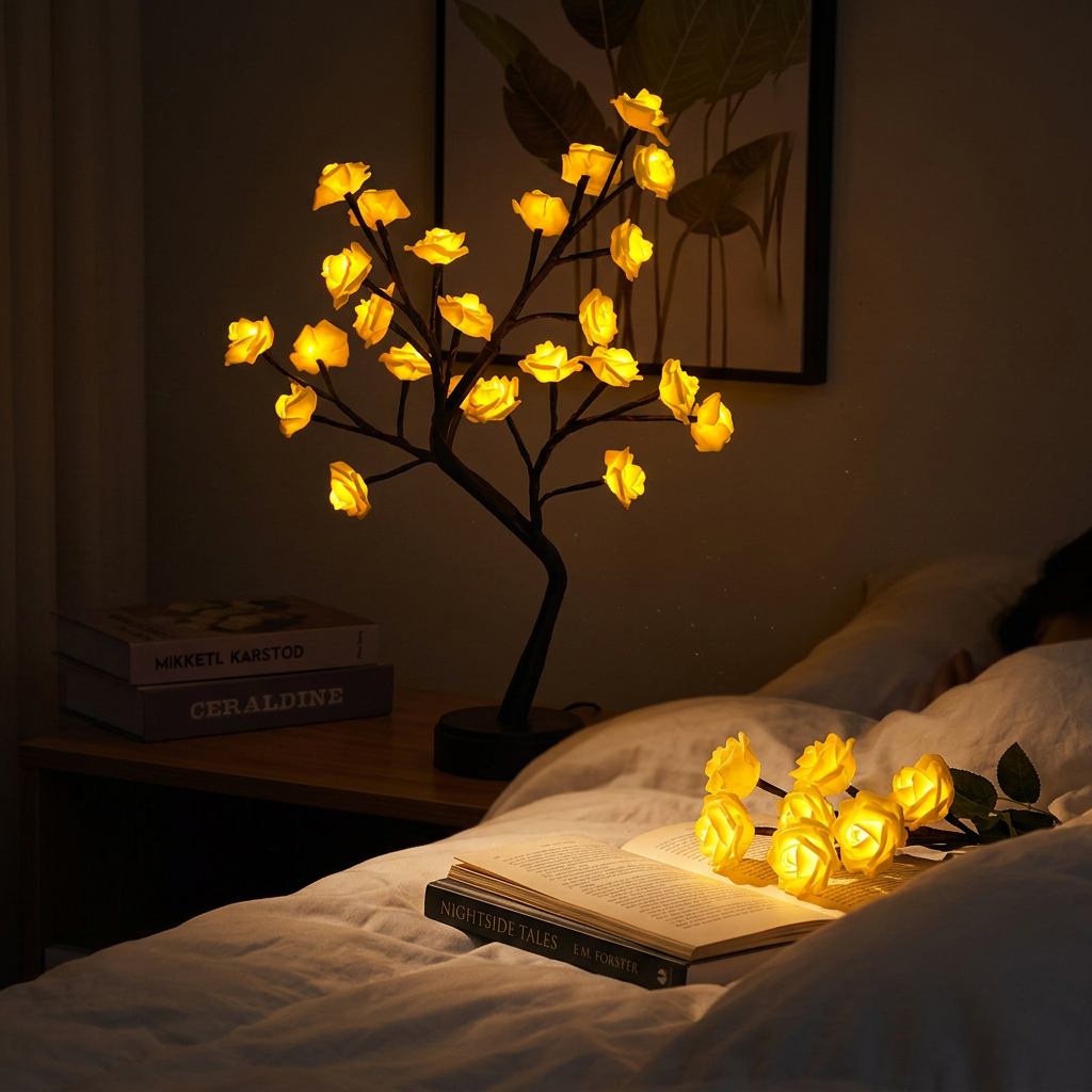 Glowspective Rozenboom Lamp met warm bloesemlicht op een nachtkastje in een donkere slaapkamer