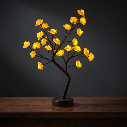 Glowspective Rozenboom Lamp packshot op donker hout tegen een charcoal achtergrond